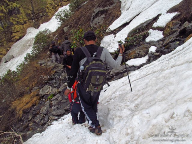 Negotiating yet another Ice Patch going downhill towards the frozen stream Phahi Nullah
