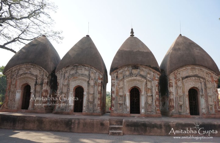 The Four Charchala Temples adorned with only Stucco decoration at Nanoor. These are rare specimen of Brick Temples  in Bengal where considerable amount of Stucco design still remains.