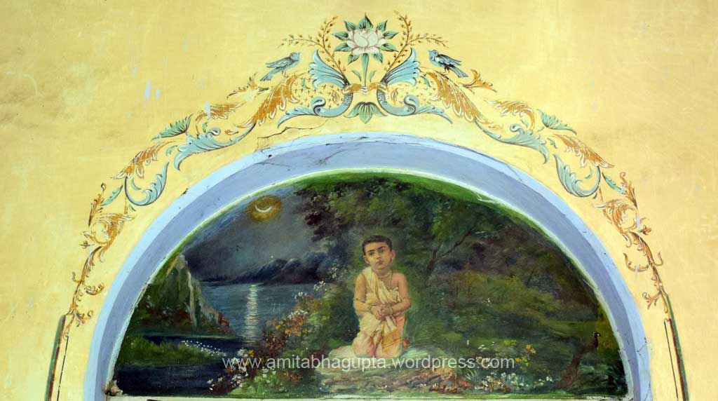Dhrubo praying to Vishnu in the jungle.  Some believe that the child in this painting looks similar to Kamala Niranjan's son Biswa Ranjan