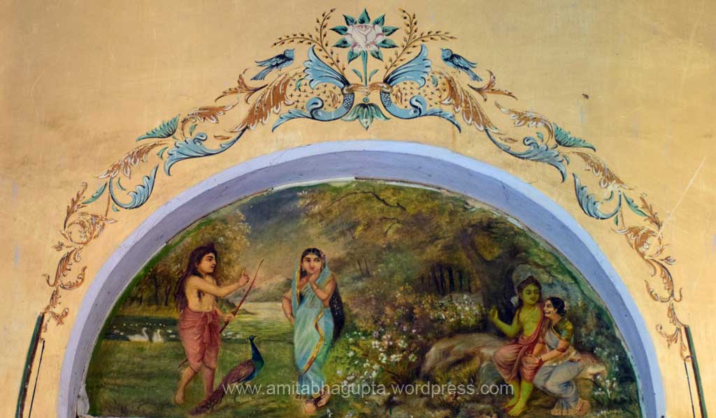 Lakshmana cautioning Ravana's sister Surpanakha while Rama and Sita busy talking to each other.